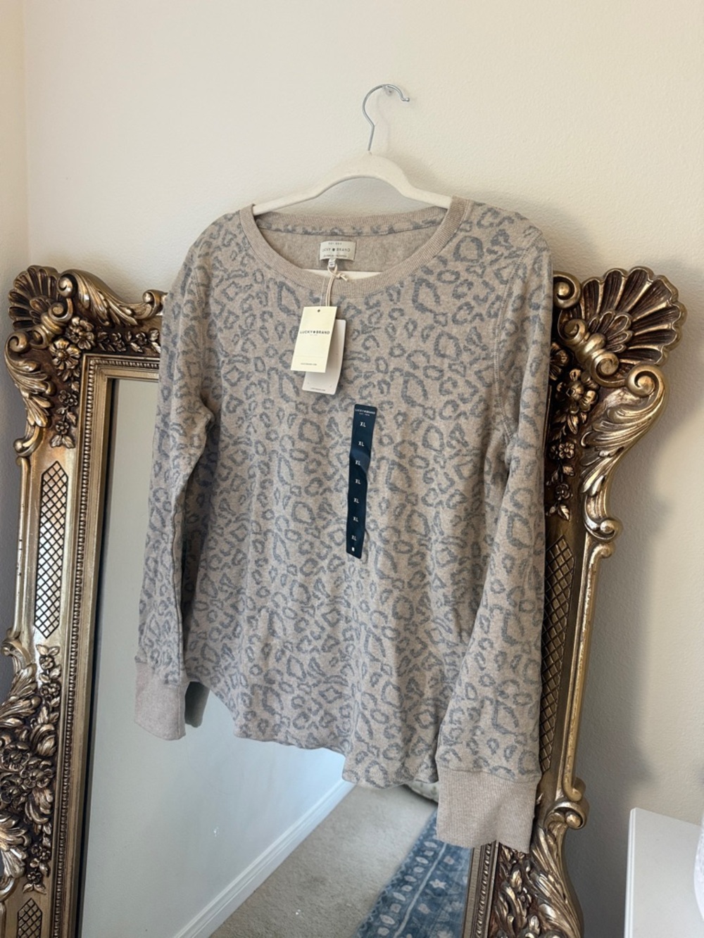 Lucky Brand Taupe and Light Gray Leopard Print Pullover